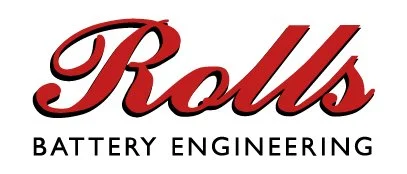 Logo for Rolls Battery Engineering with the word 'Rolls' in red cursive and 'Battery Engineering' in black text underneath.