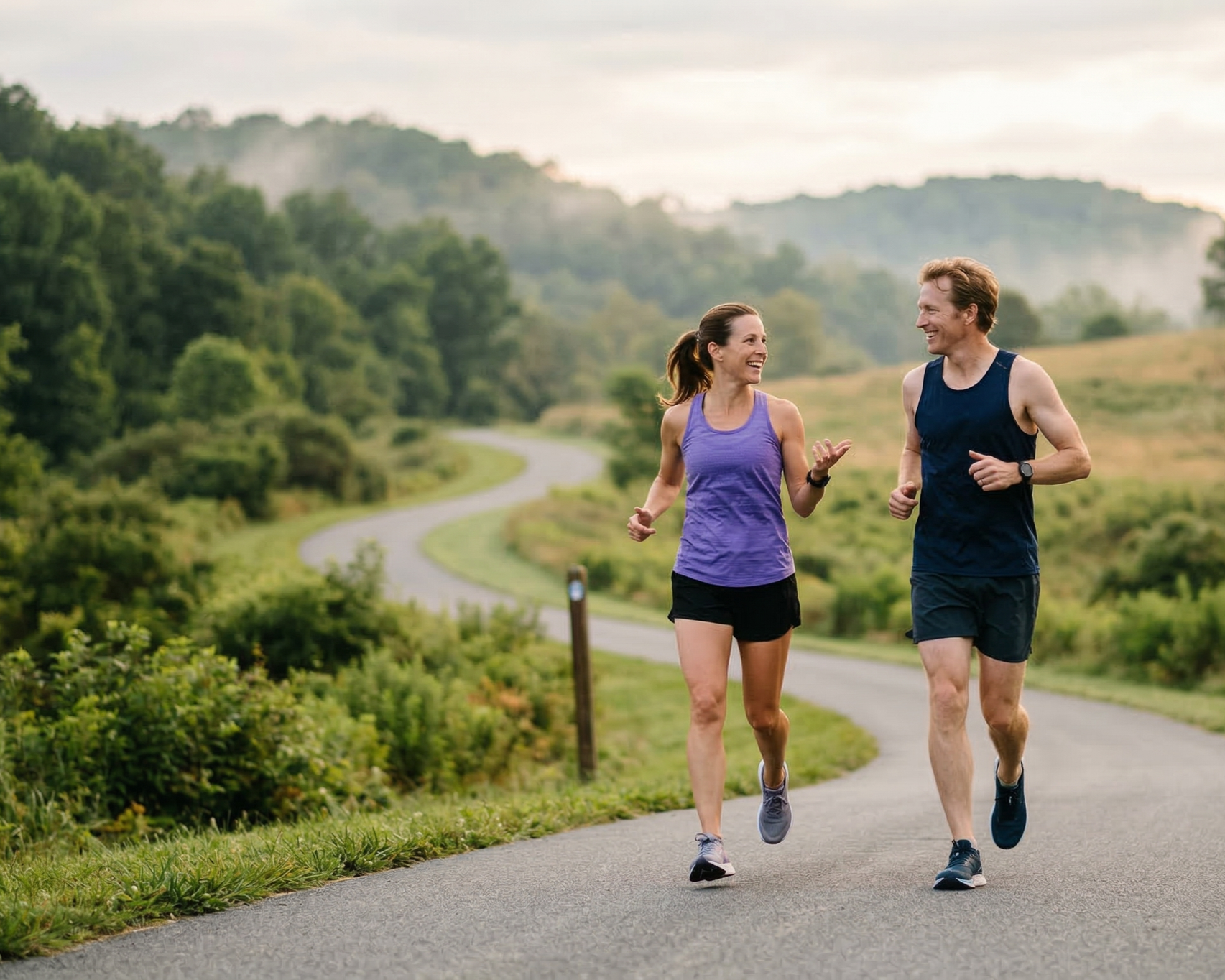 Two runners jogging side-by-side on a scenic trail, smiling and talking comfortably to demonstrate a low-intensity recovery pace.
