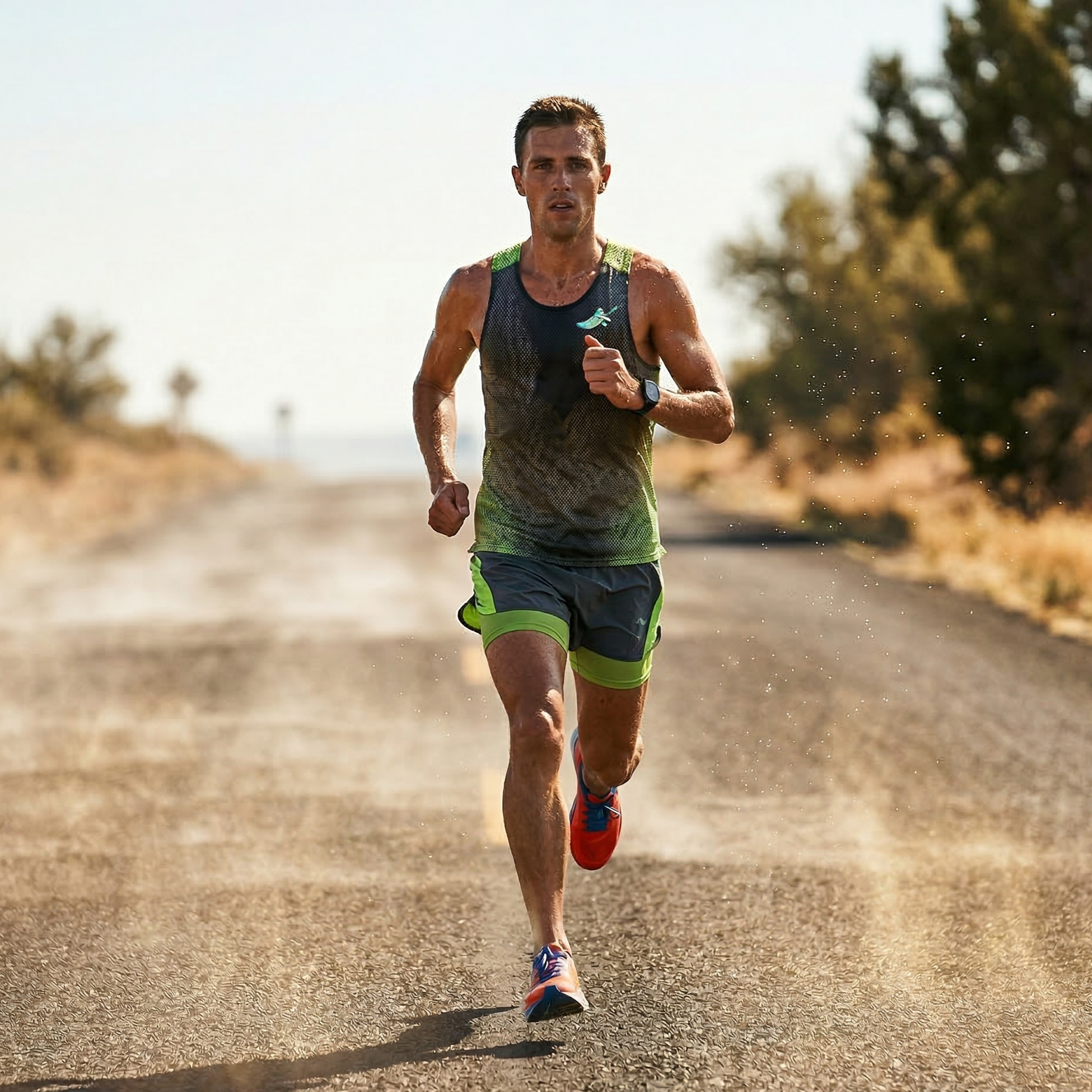 A runner running down hot asphalt in the desert