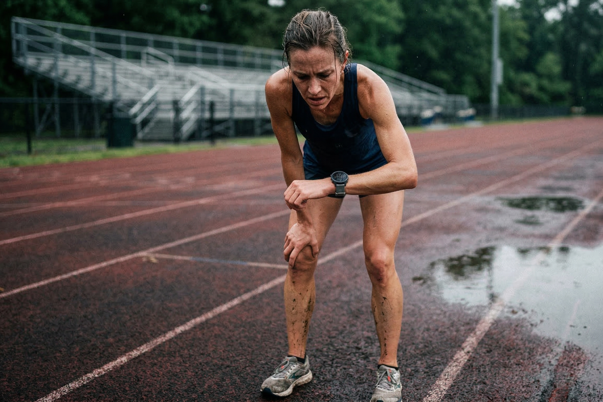 a woman checks her watch after a hard effort