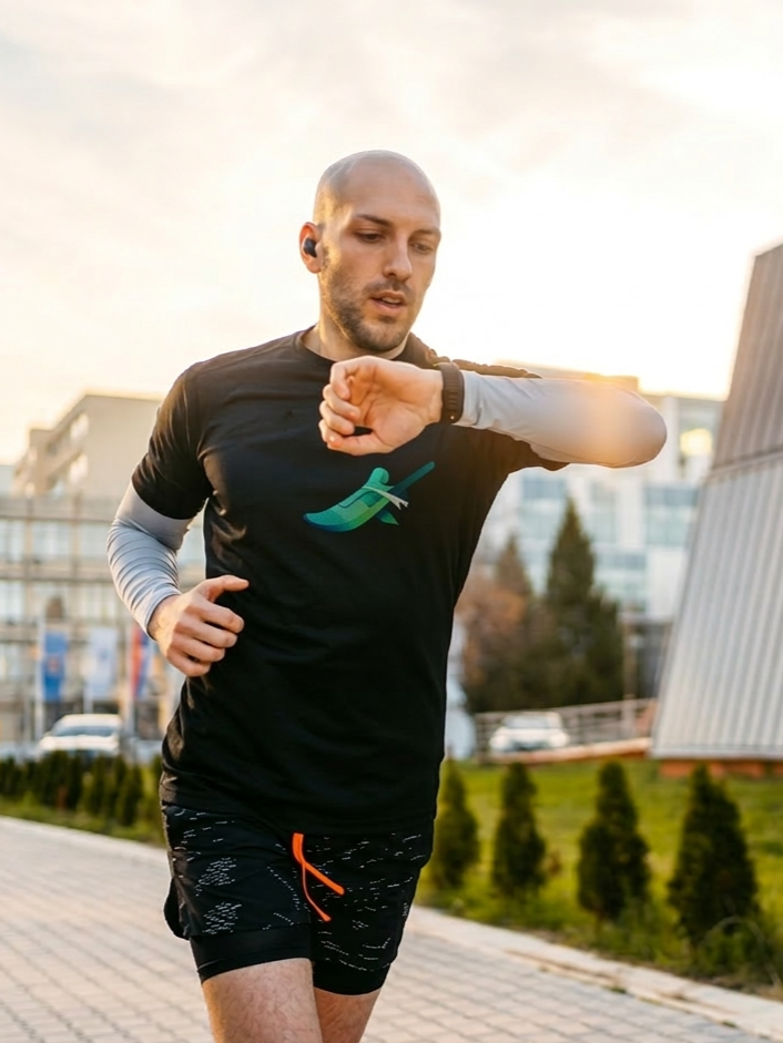 runner at sunset, thoughtfully reviewing training data on his watch to adjust his future workout intensity.
