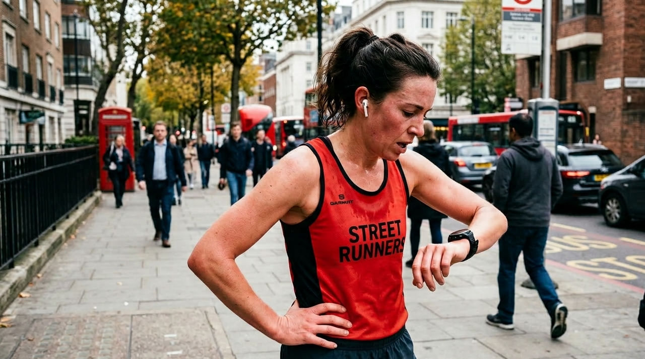 A runner checks their watch after a hard run