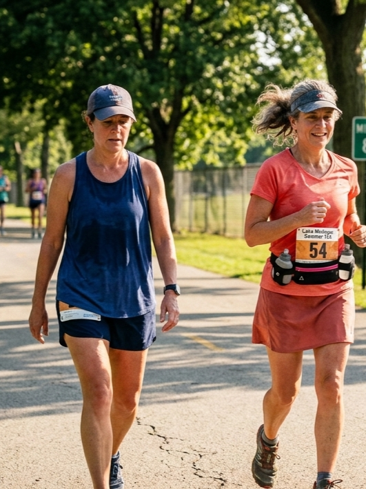 Two runners on a hot day running along a path