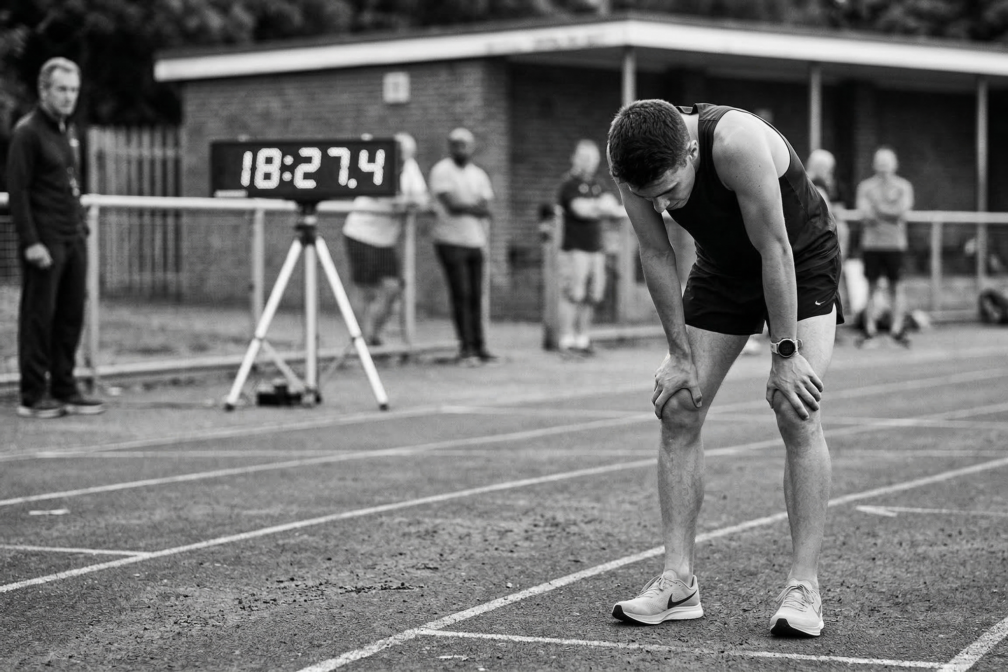 A runner catching their breath with hands on knees after a hard track workout, with a race clock in the background showing their finish time.
