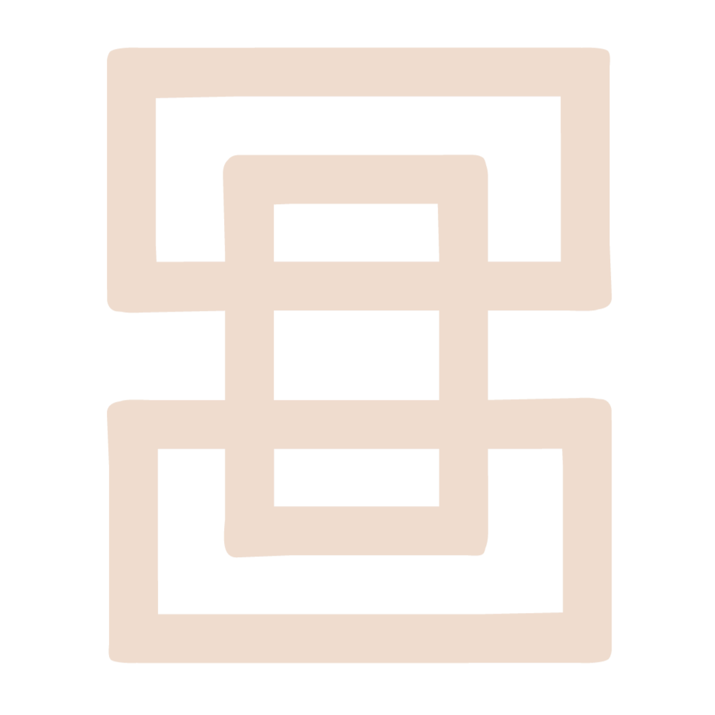 A stylized, abstract design with overlapping squares and rectangles in black and beige.