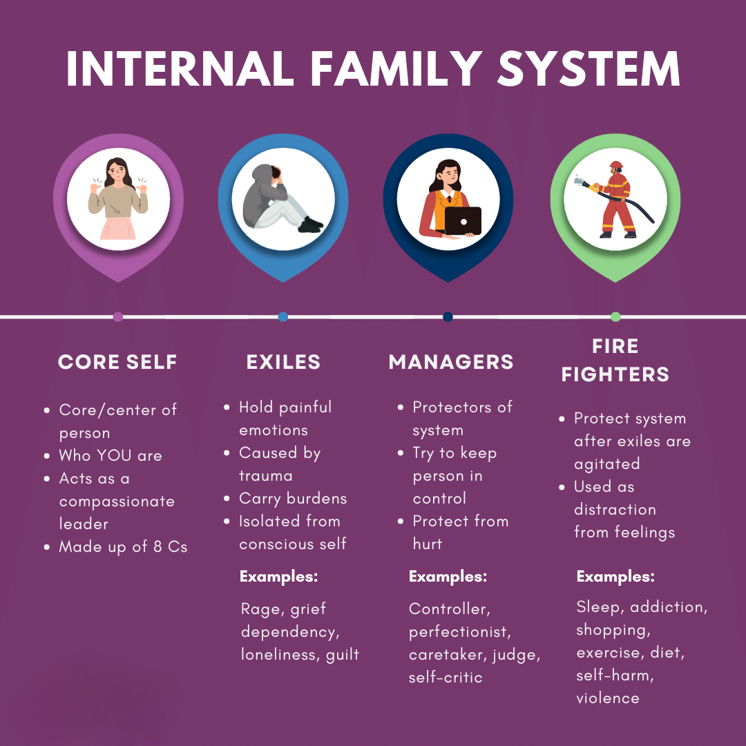 Diagram illustrating four roles in an internal family system: core self, exiles, managers, and fire fighters, with descriptions and examples for each role against a purple background.