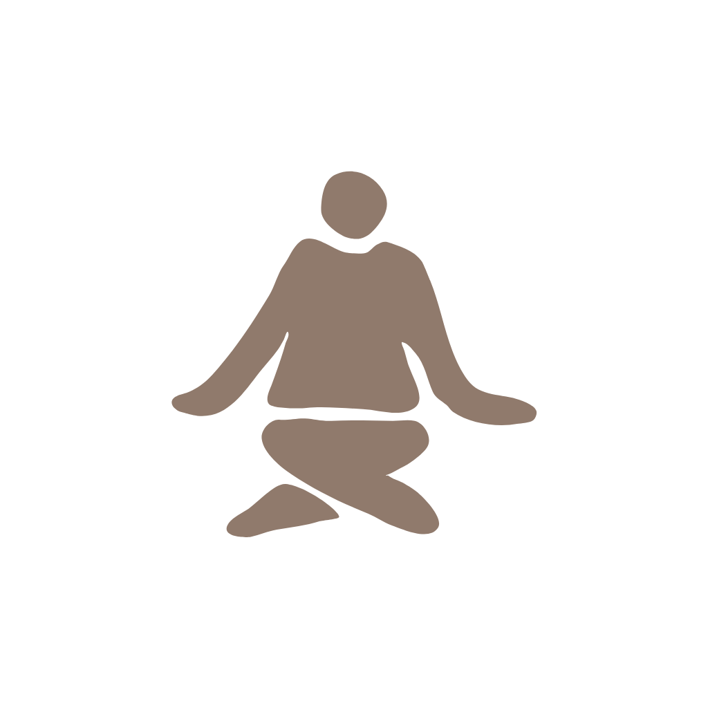 Minimalist icon of a person in a seated yoga or meditation pose on a black background.