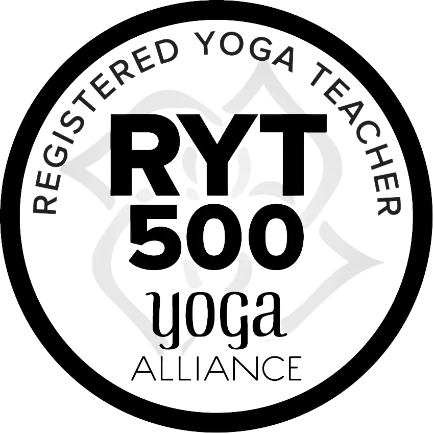 Logo for RYT 500 Yoga Alliance, featuring a mountain range and the text 'Registered Yoga Teacher' and 'RYT 500' with 'yoga' in larger font and the word 'Alliance' at the bottom.