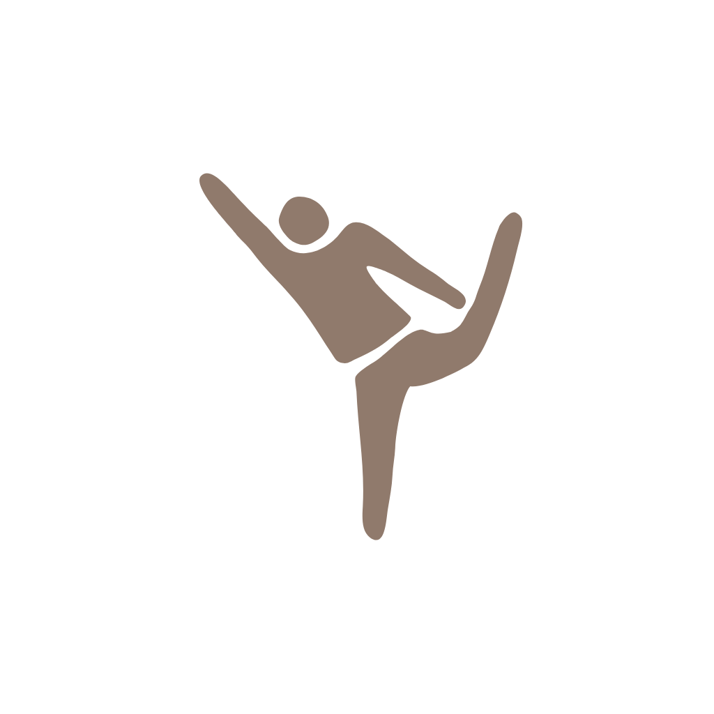 Stylized dancer logo with a purple figure in a balanced pose on a black background.