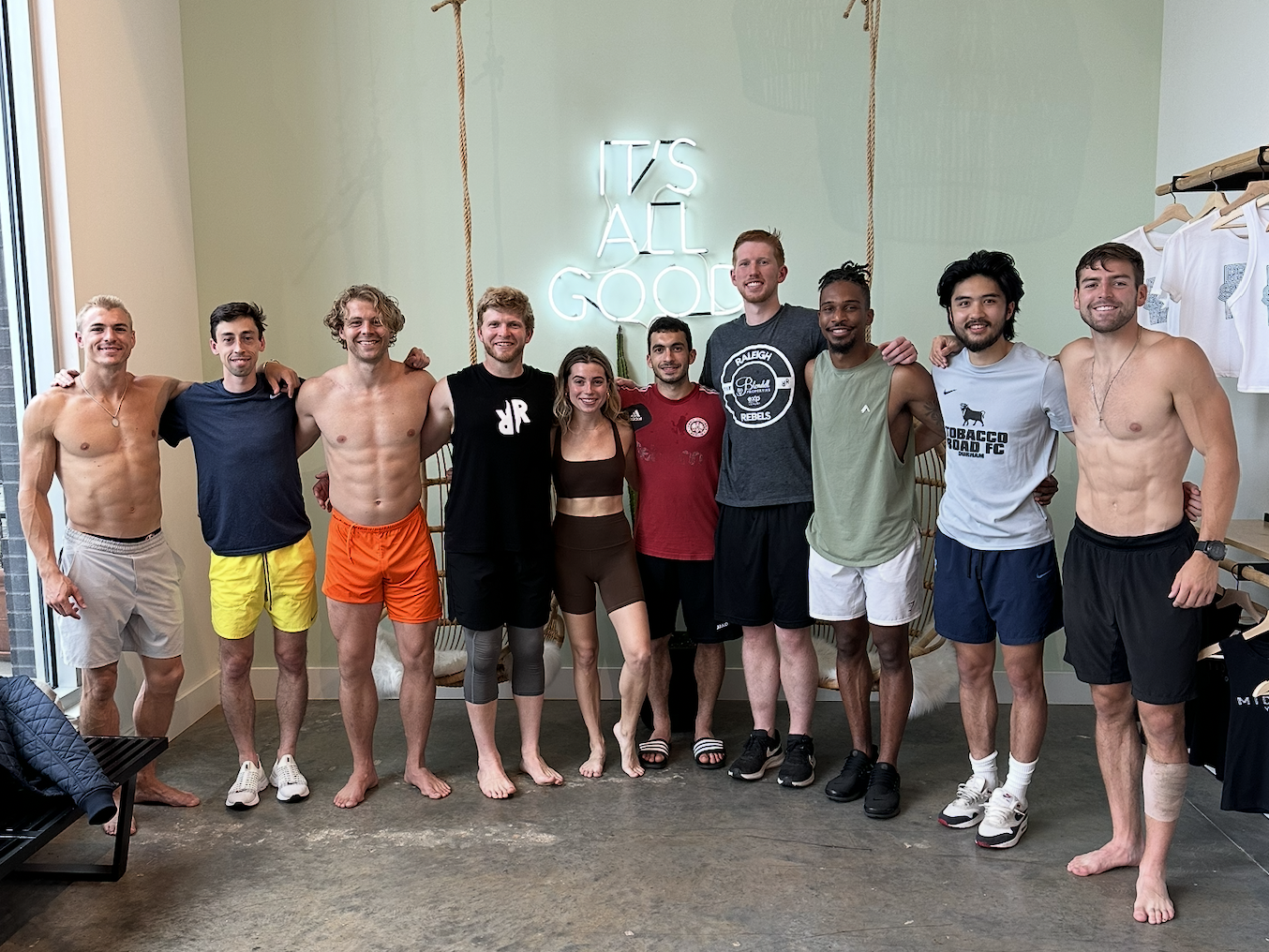 Daniela Burn teaching professional soccer team Raleigh Rebels a private yoga class.