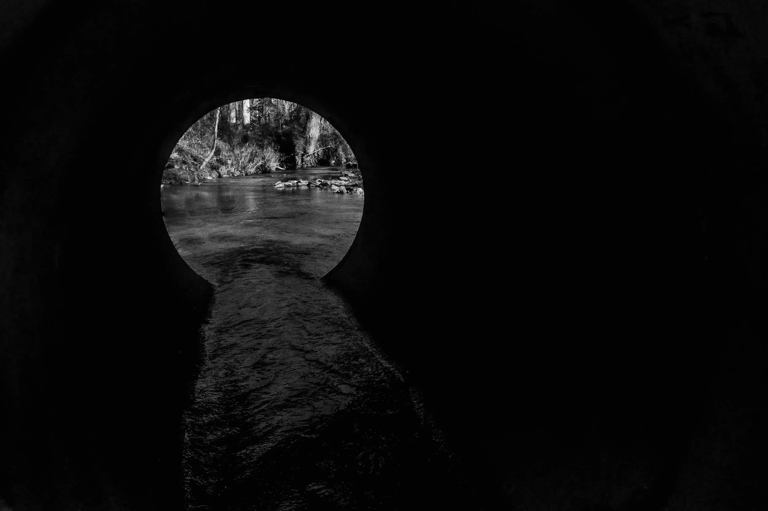 View of a river through a circular tunnel or pipe, with trees and rocks visible in the distance.
