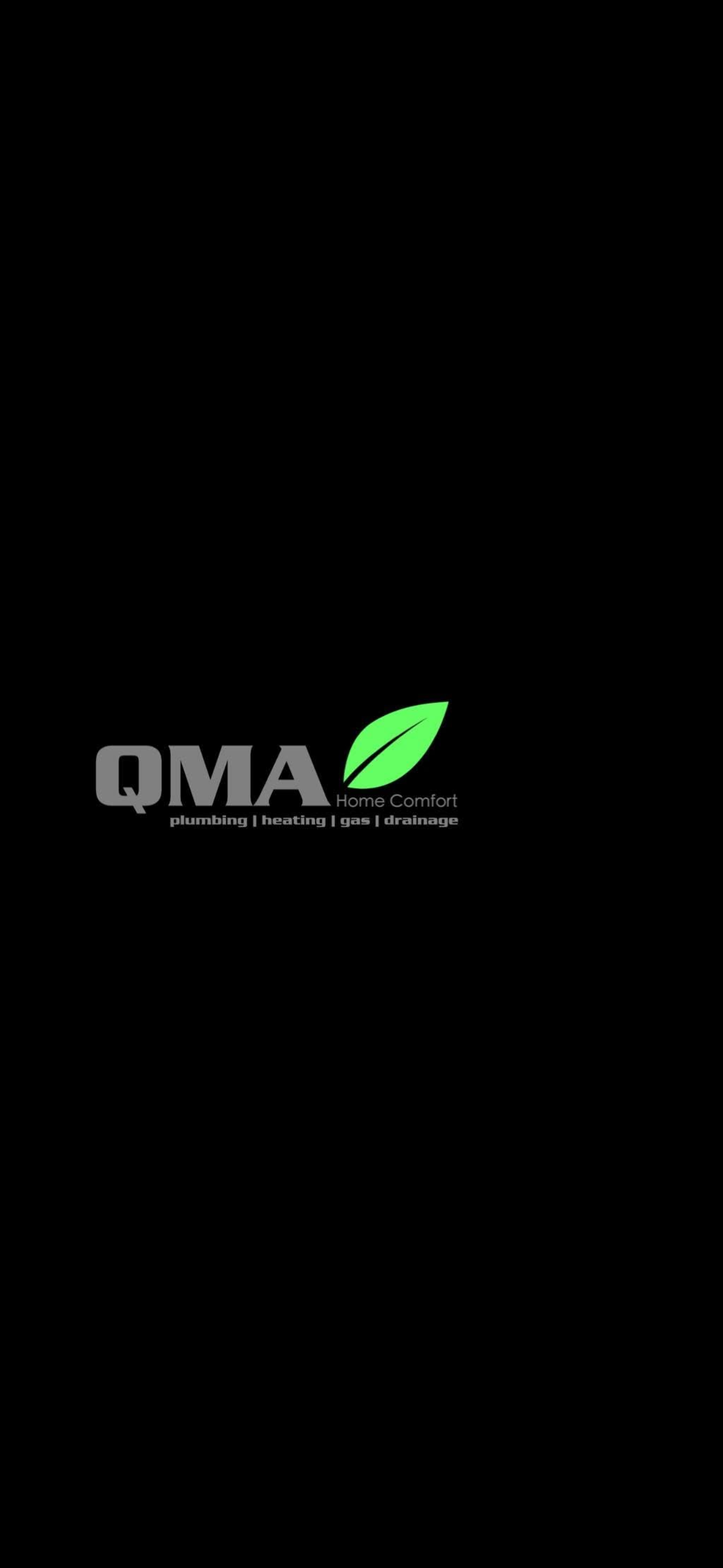 QMA logo with a green leaf and the words 'Home Comfort' underneath, along with 'plumbing, heating, gas, drainage' in smaller text.