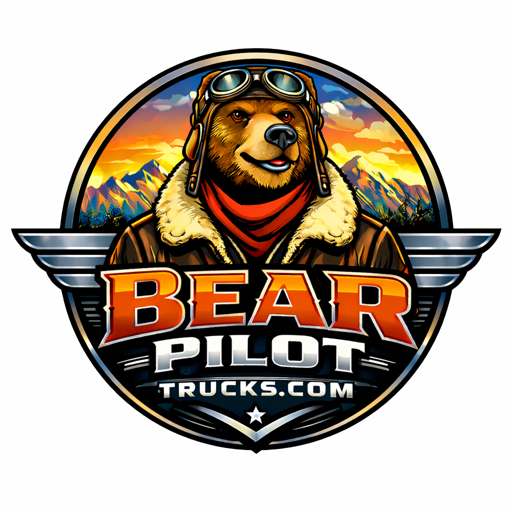 Logo featuring a bear wearing vintage pilot goggles and a leather jacket with a fur collar, set against a mountain sunset background with the text 'Bear Pilot Trucks.com'.