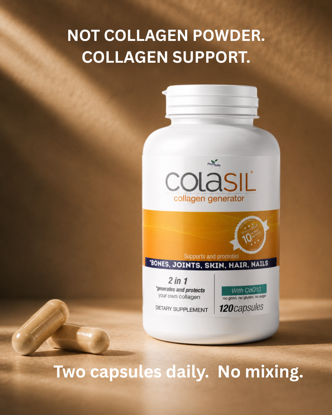 COLASIL® collagen support supplement bottle with two capsules on a warm beige background, featuring the text “Not collagen powder. Collagen support. Two capsules daily. No mixing