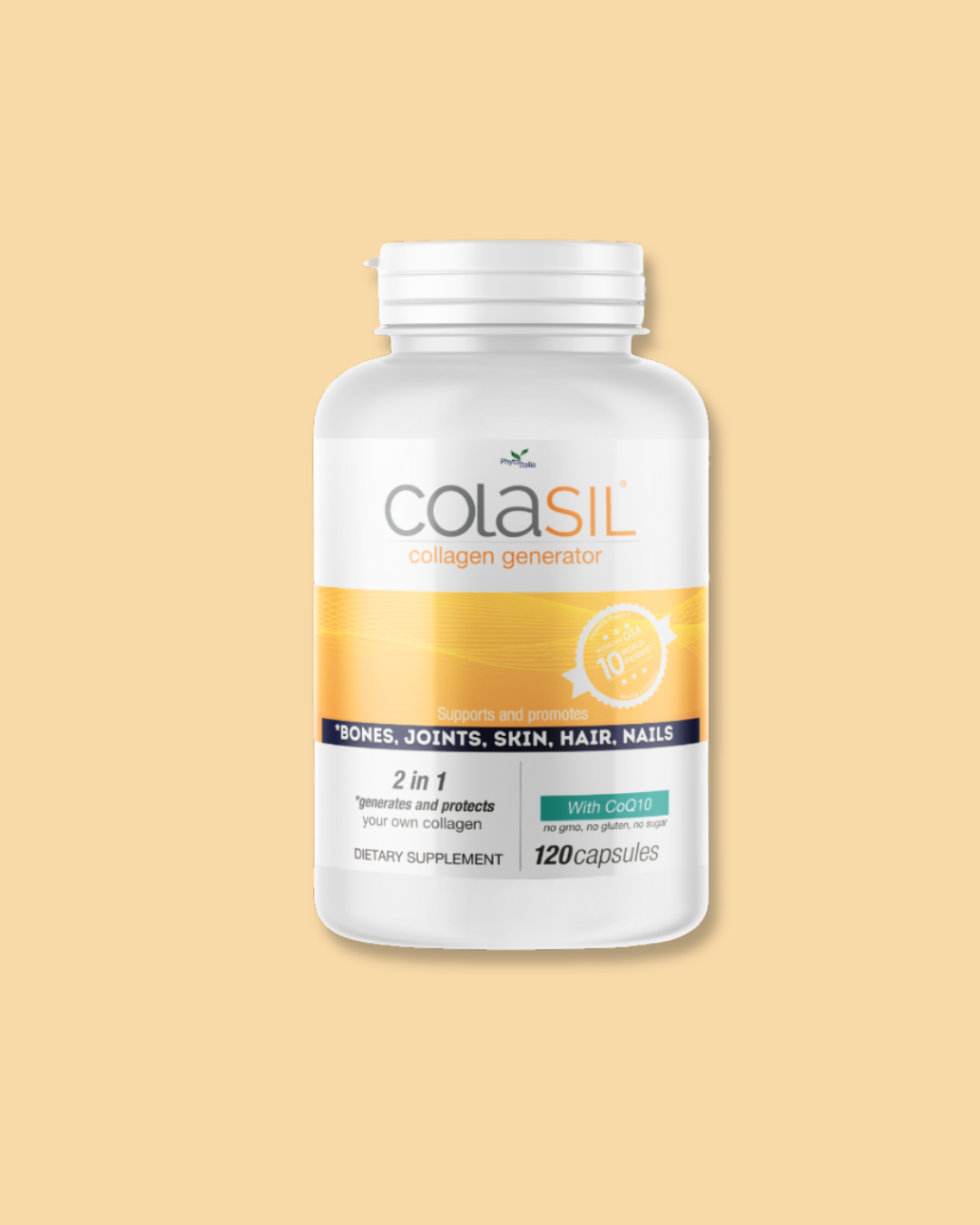 COLASIL® 120-capsule dietary supplement bottle on a soft beige background.