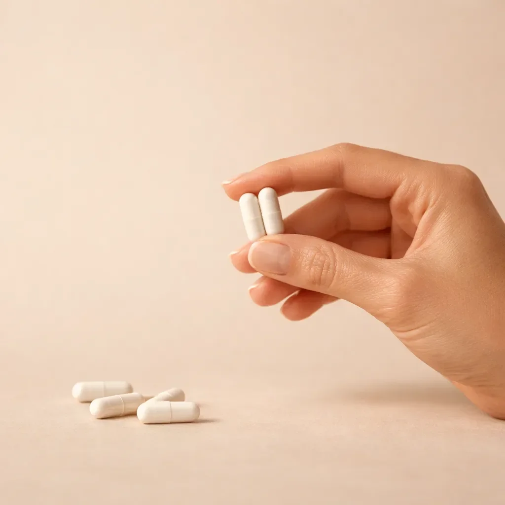 Two white collagen capsules held in a hand to demonstrate the daily serving size of Colasil supplement