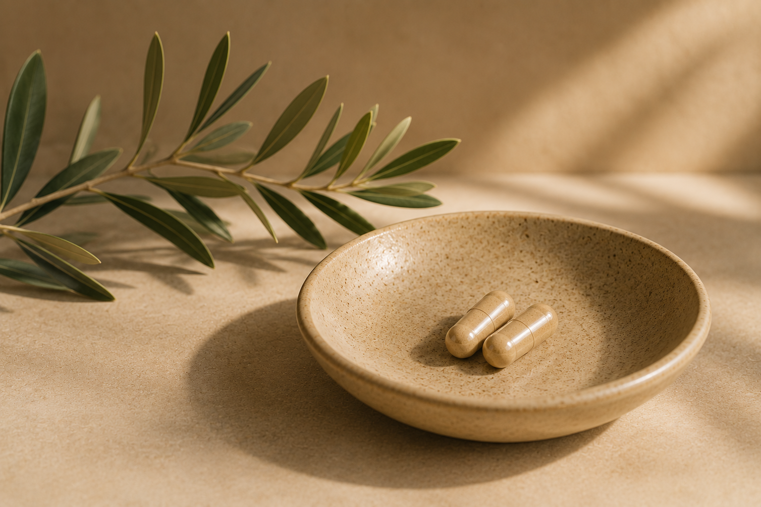 Two beige capsules inside a speckled beige ceramic bowl on a beige surface with a green leafy branch nearby.