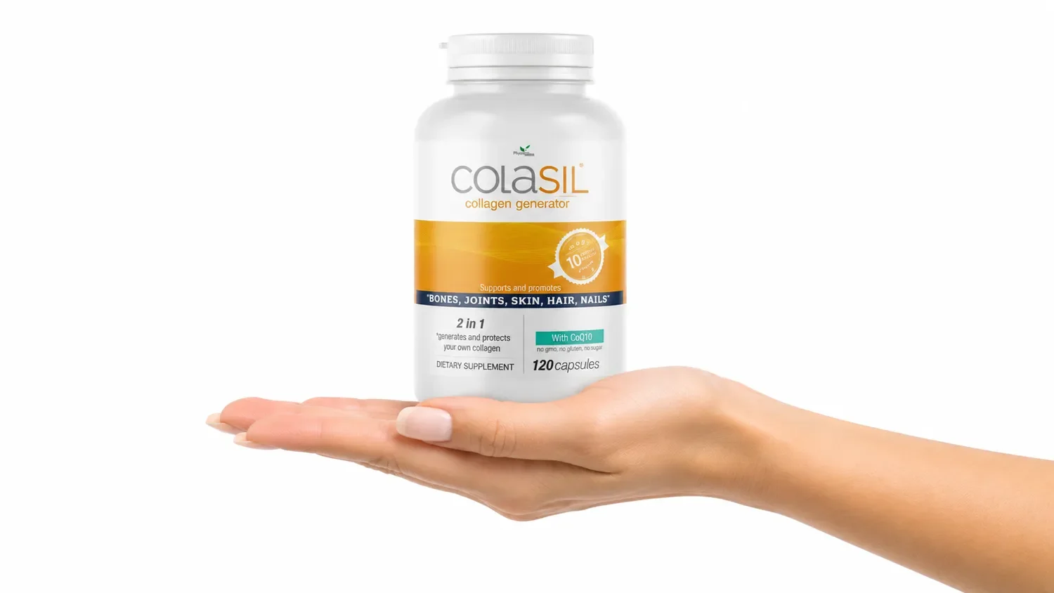 Hand holding Colasil Collagen Generator supplement bottle to showcase daily skin and hair health routines