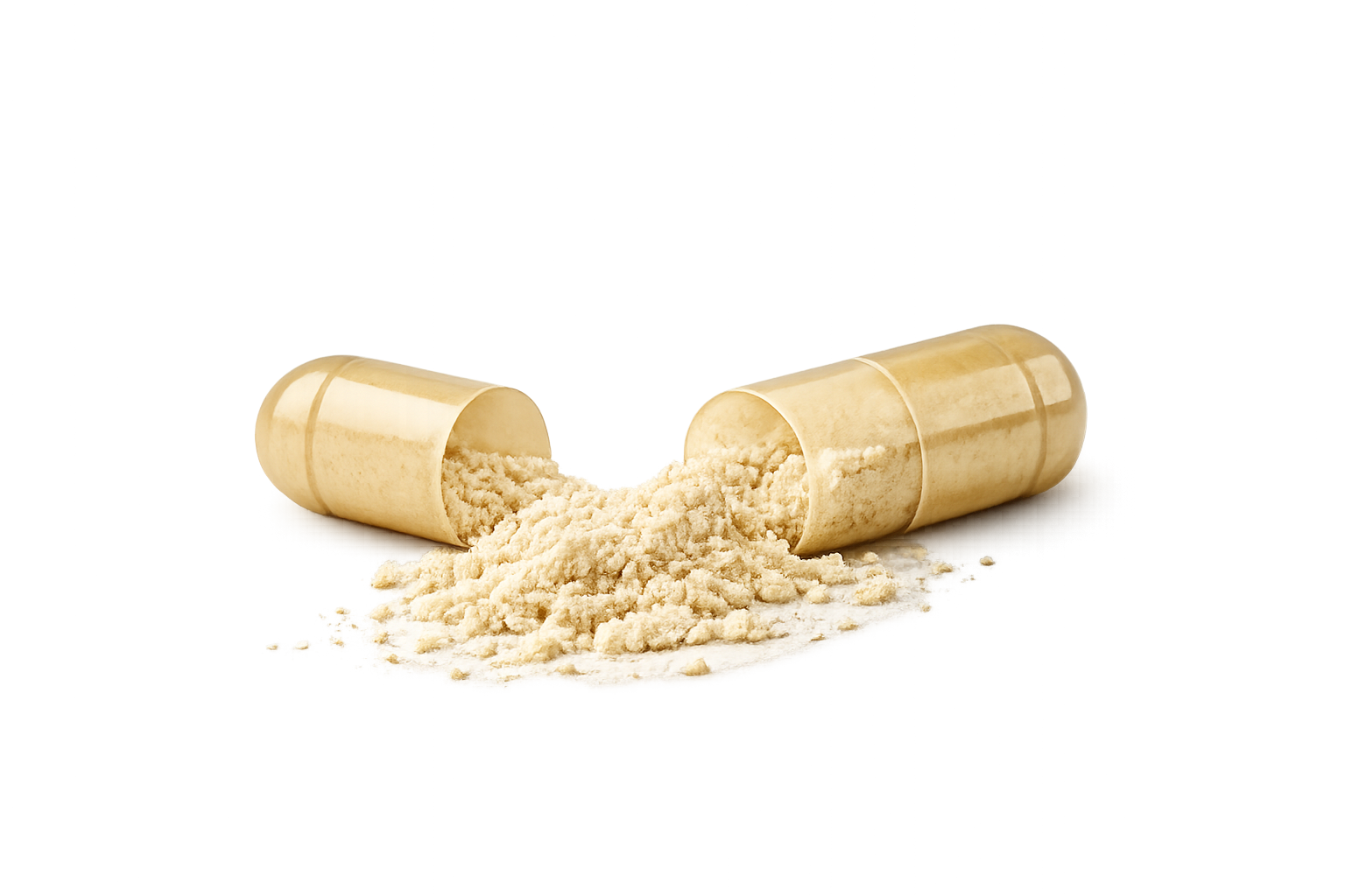 A capsule pill broken open spilling beige powder onto a white surface.
