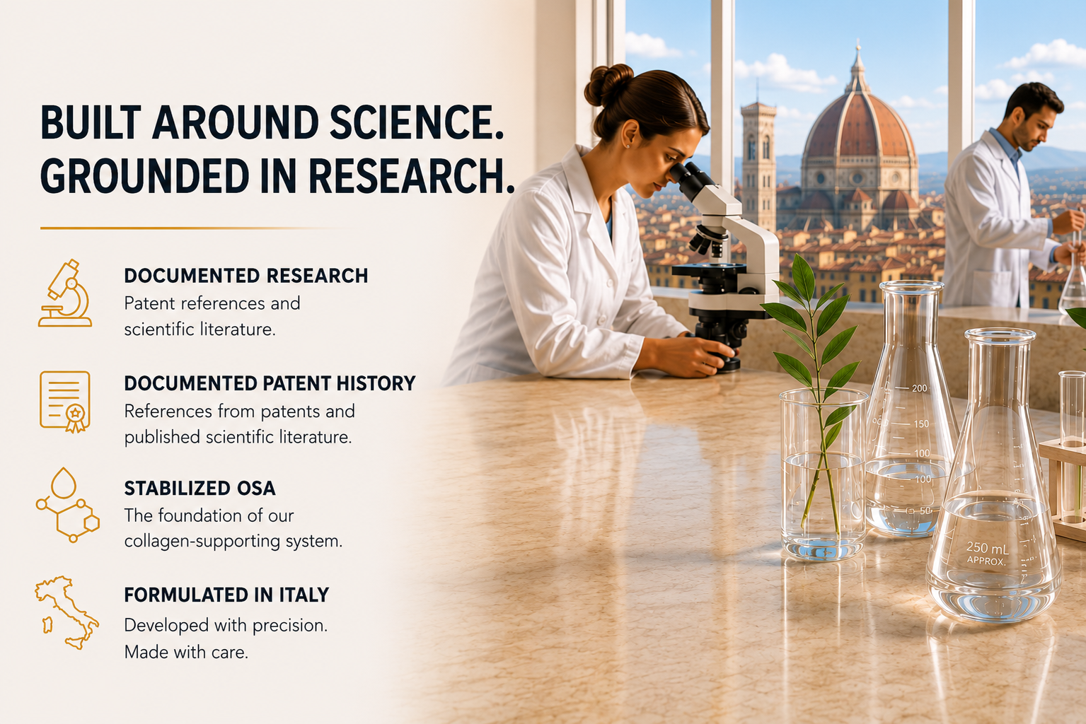 Laboratory research scene in Florence, Italy illustrating stabilized OSA science and COLASIL® formulation.
