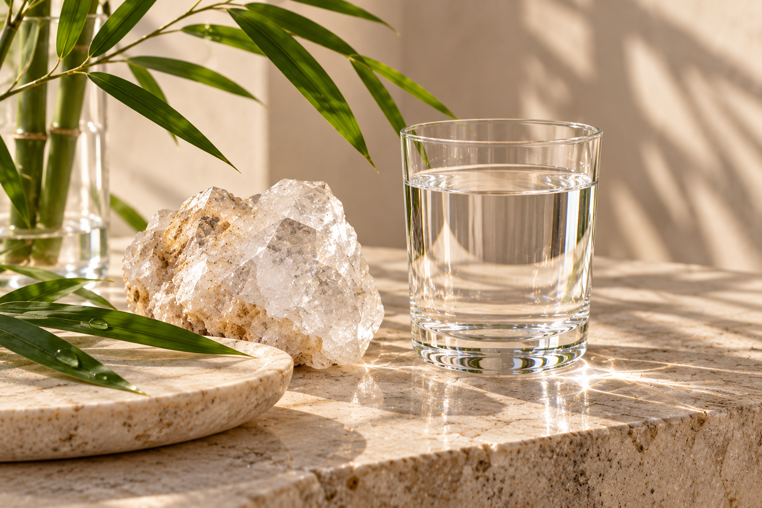 Quartz mineral, water and bamboo leaves representing silica, soluble OSA and bamboo-derived silica discussed in the article.