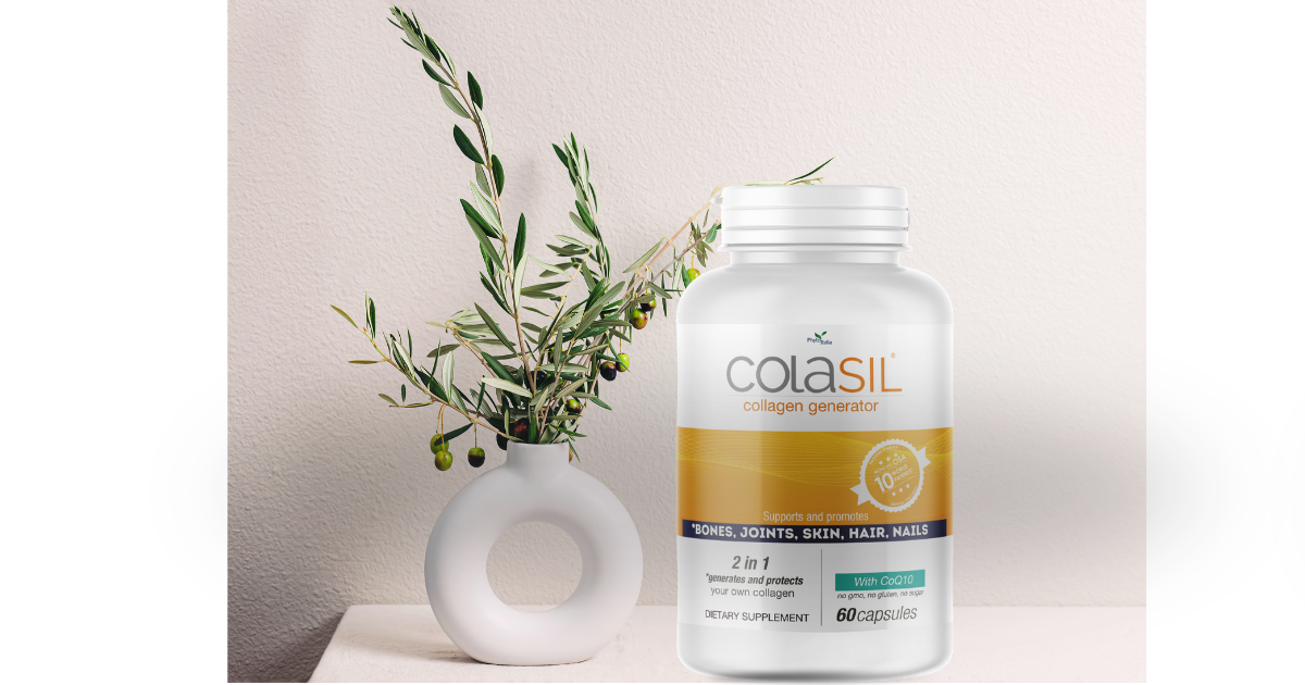COLASIL® collagen support supplement bottle beside a white vase with olive branches, representing a clean daily wellness routine and support for the body’s natural collagen-building process.