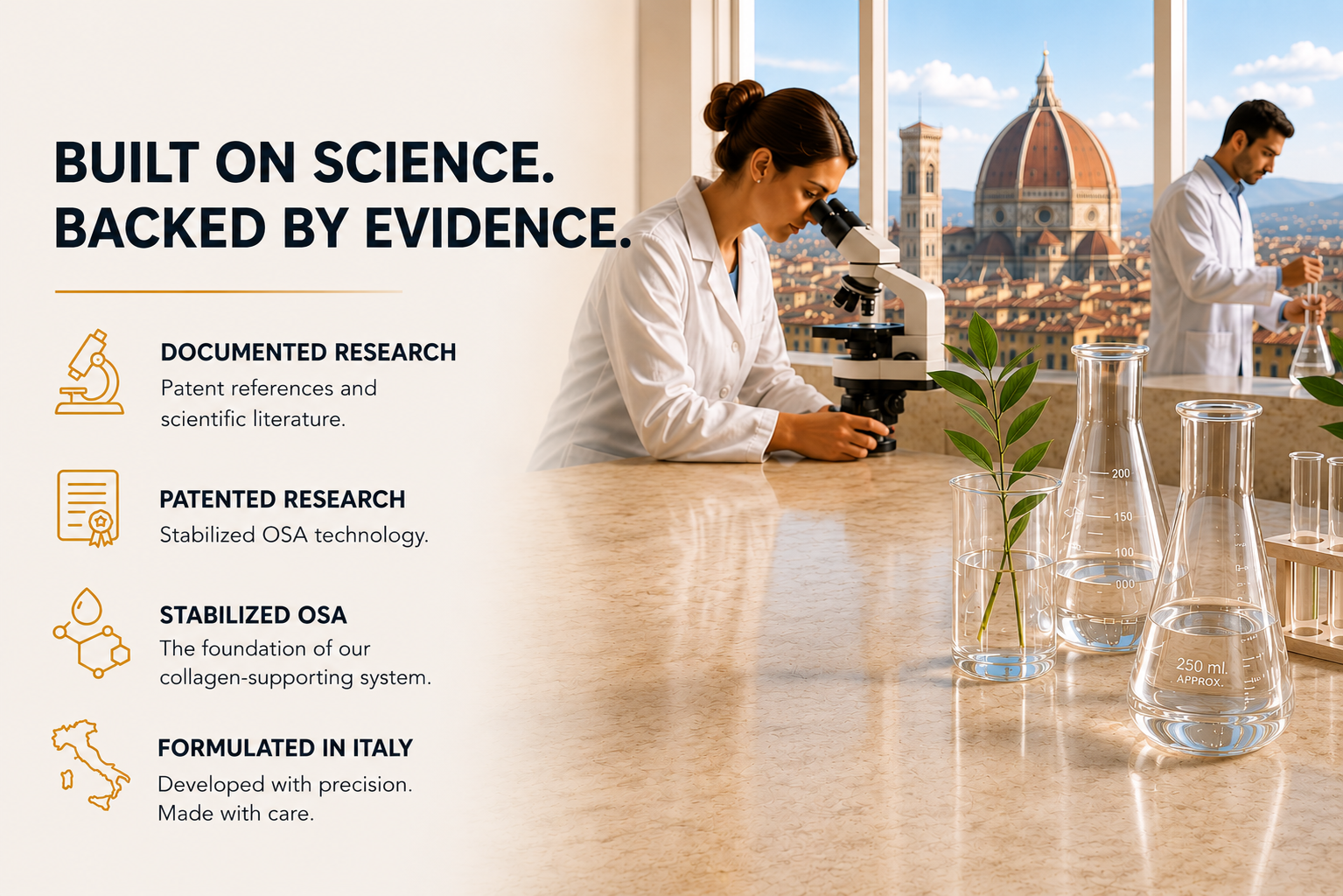 Laboratory research setting representing documented research, patented stabilized OSA technology, and COLASIL® collagen support formulated in Italy.