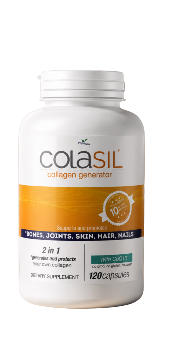 COLASIL® Collagen Generator 120-capsule bottle on travertine background