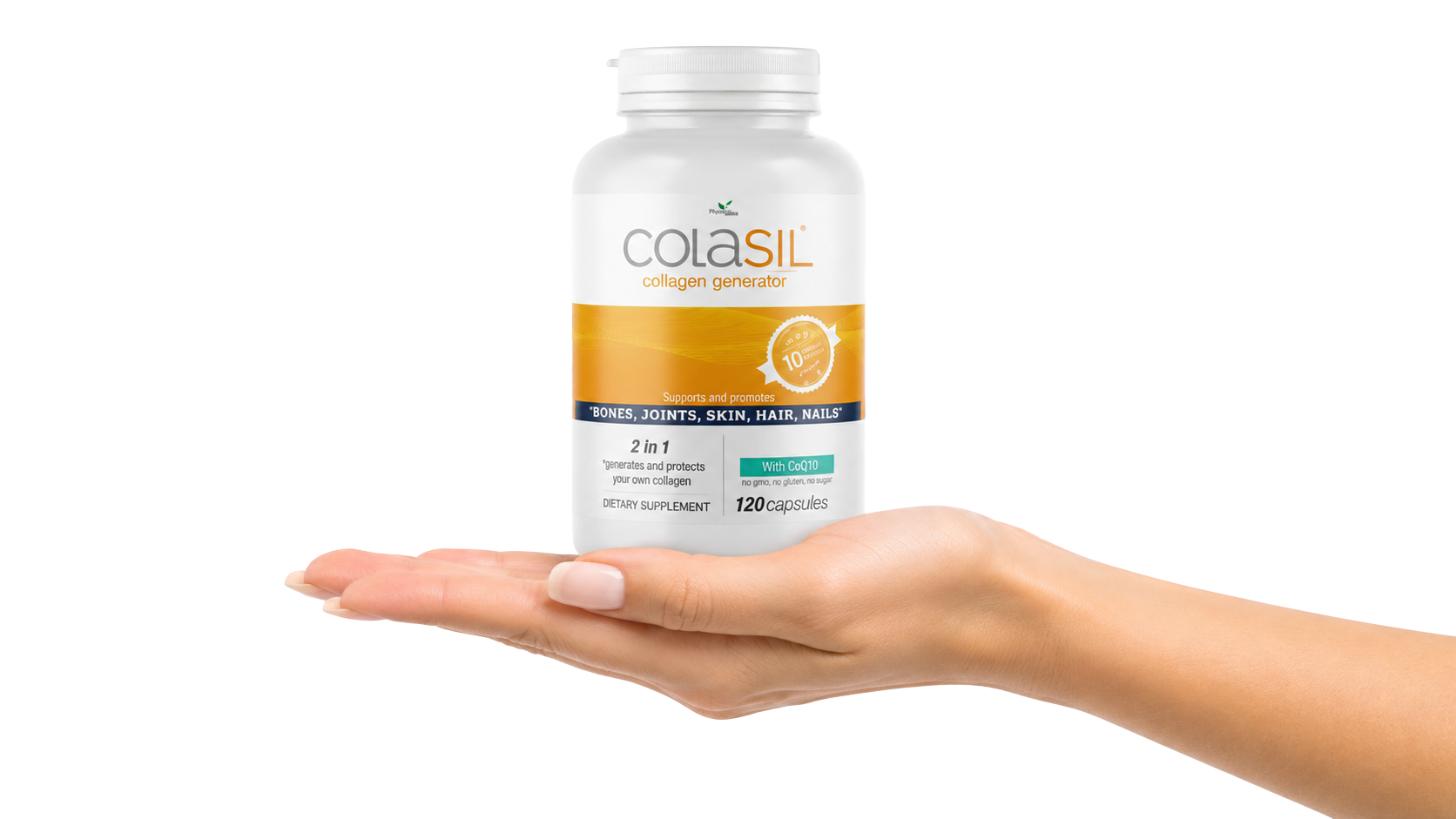 Hand holding a COLASIL® 120-capsule collagen-support supplement bottle.