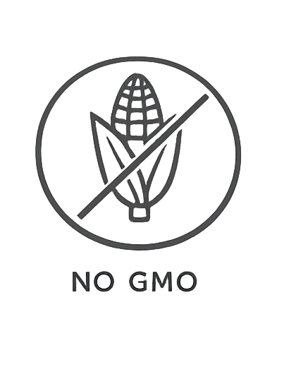 A circle with a crossed-out corn and leaves symbol, indicating no genetically modified organisms, with the text "NO GMO" underneath.