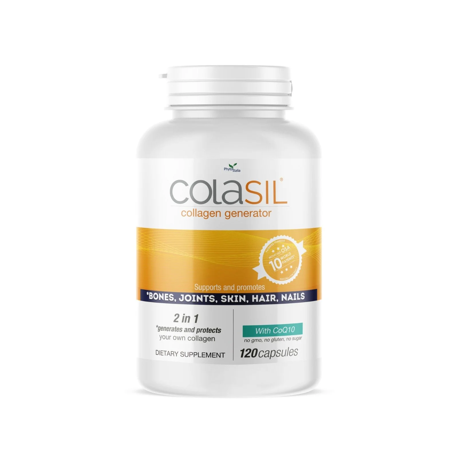COLASIL® Collagen Generator 120-capsule bottle featuring the stabilized OSA dietary supplement formula.