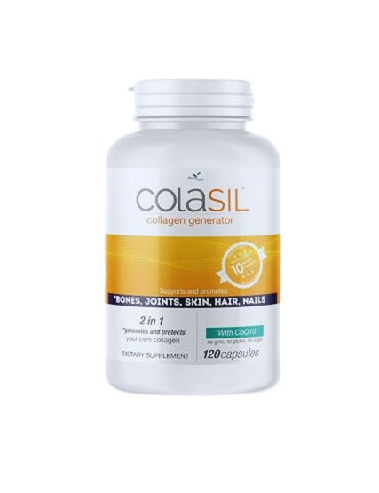 COLASIL® Collagen Generator 120-capsule dietary supplement bottle on a black background.