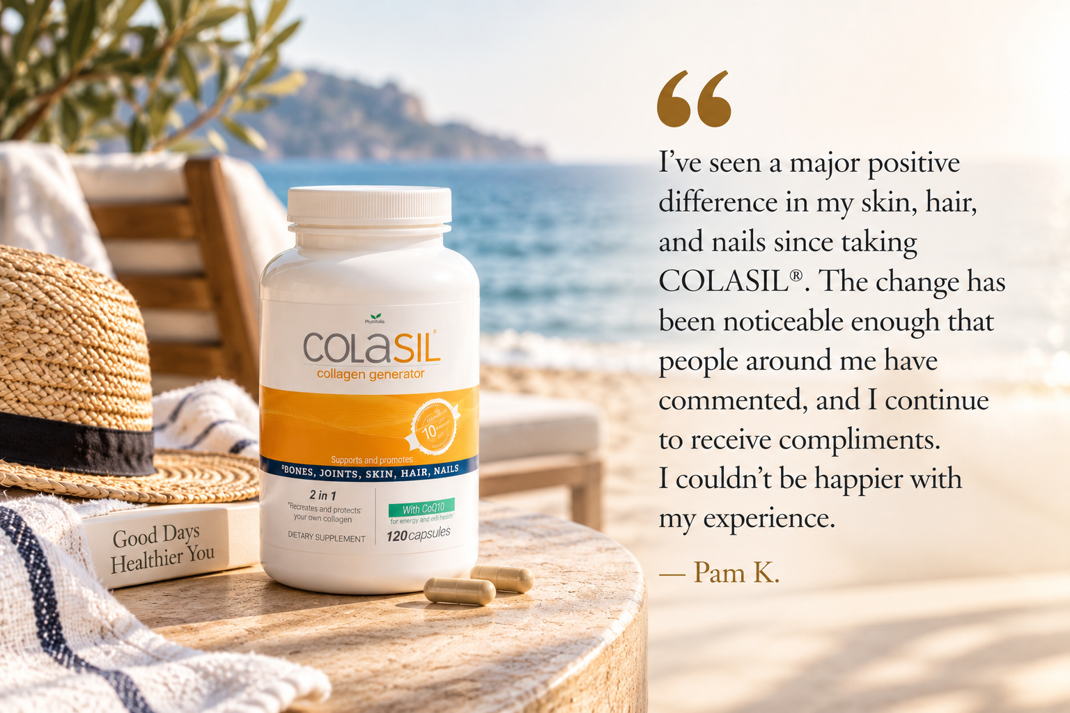 Pam K. customer testimonial about her experience with COLASIL®, shown beside the COLASIL® bottle in a warm beach-inspired setting.
