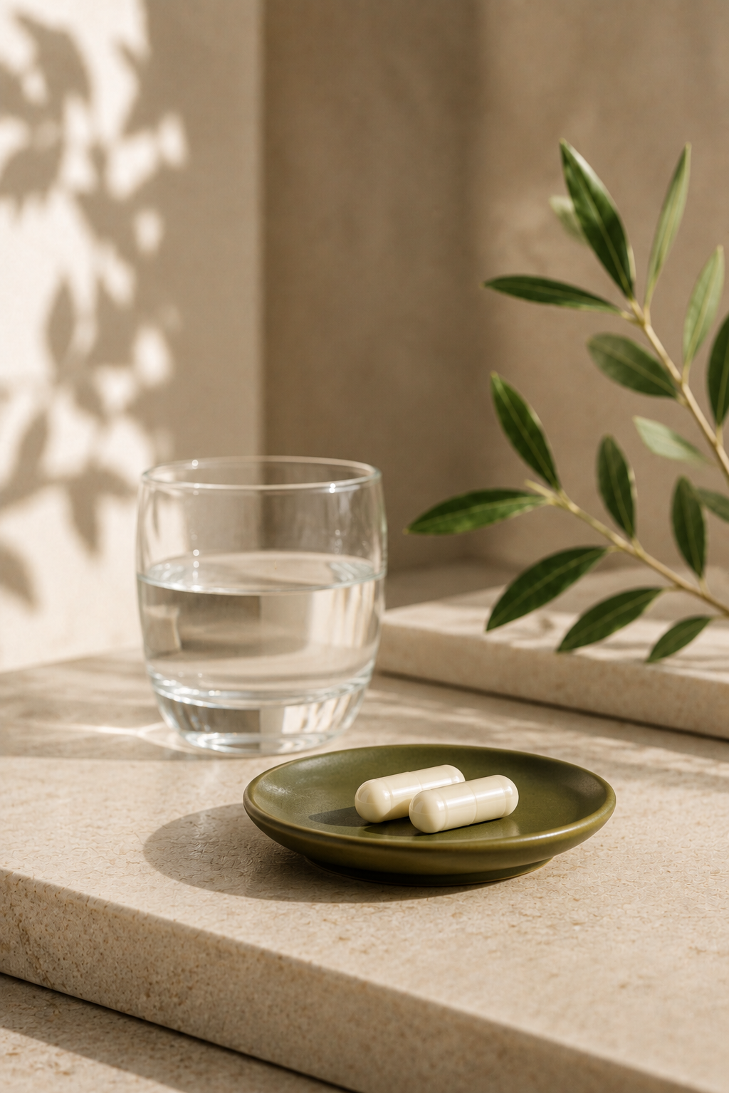 Two off-white COLASIL® capsules on an olive-green dish beside a glass of water on a travertine counter.