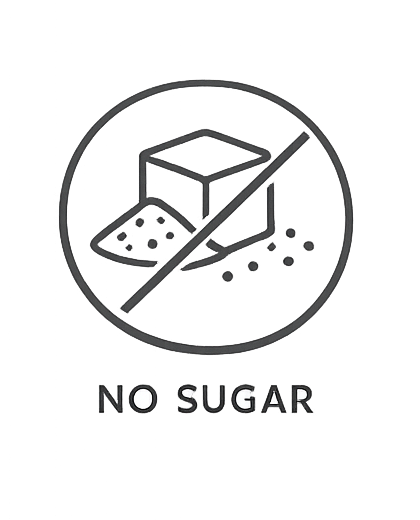 A black and white icon of a sugar cube and sugar granules with a line crossing them out, indicating no sugar.