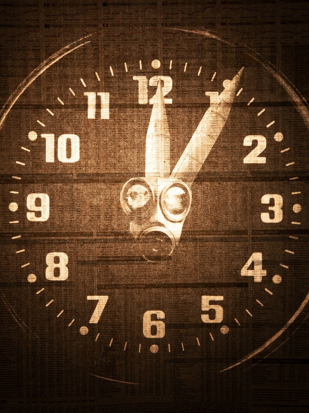 A clock showing the time as 12:07 with a gas mask overlay, all in a sepia tone.