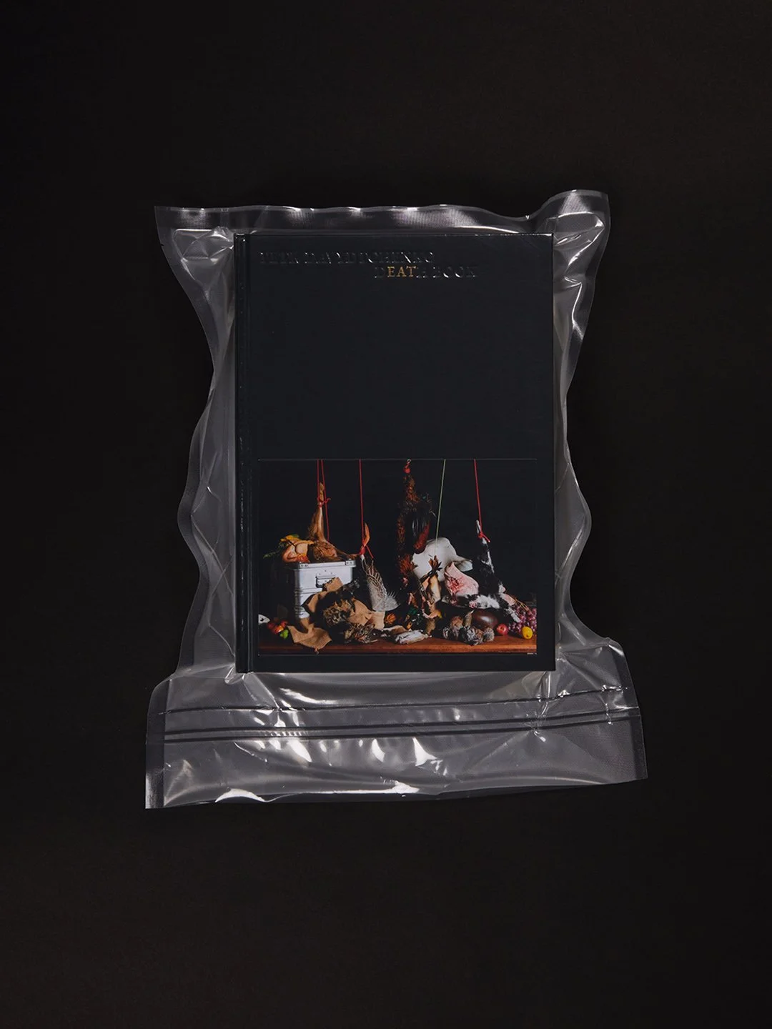 Book inside a clear plastic ziplock bag, with a dark cover featuring a still life photograph of hanging and piled objects against a dark background.