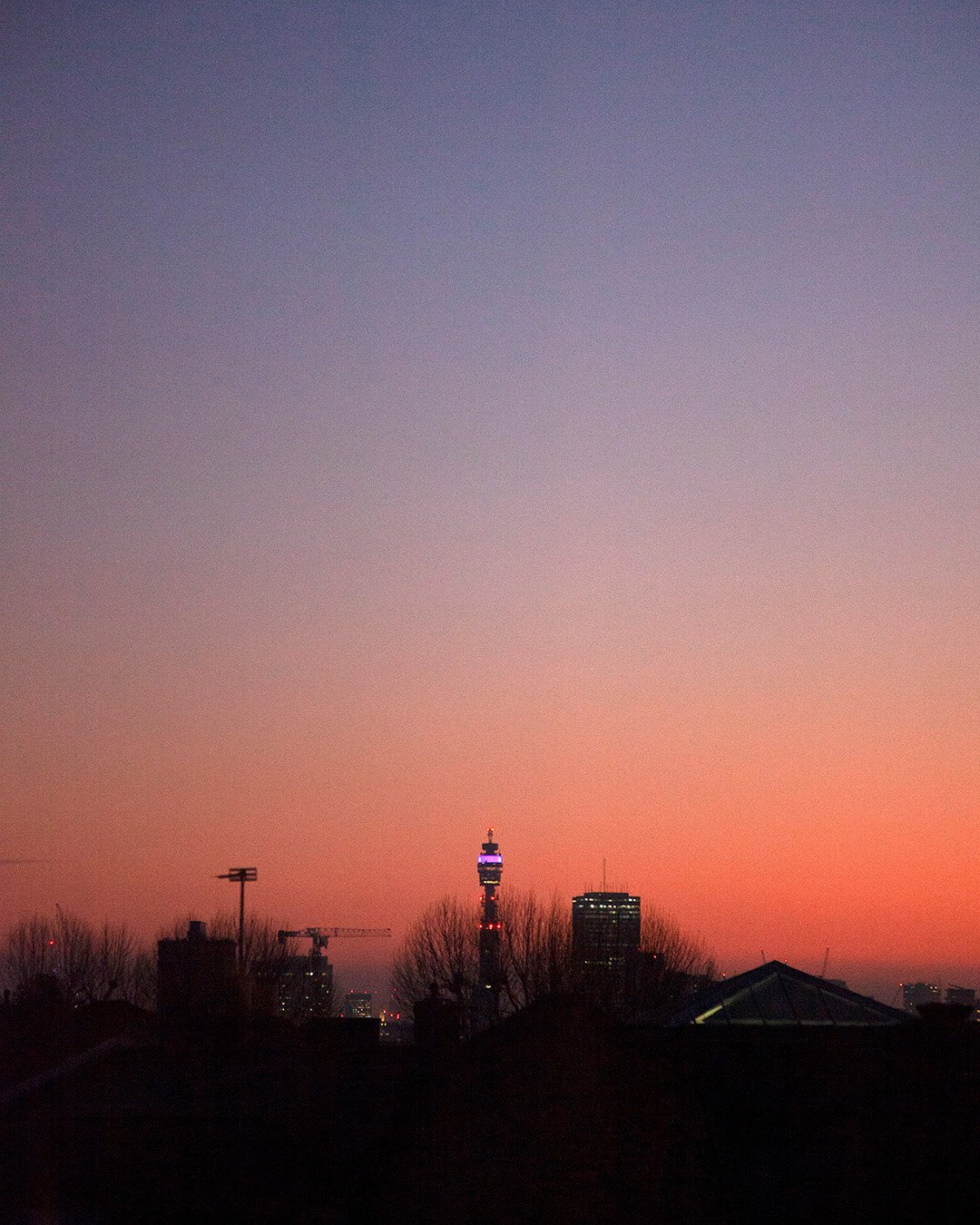 City skyline at sunset with a prominent tower featuring colorful lights, silhouettes of trees and buildings in the foreground.