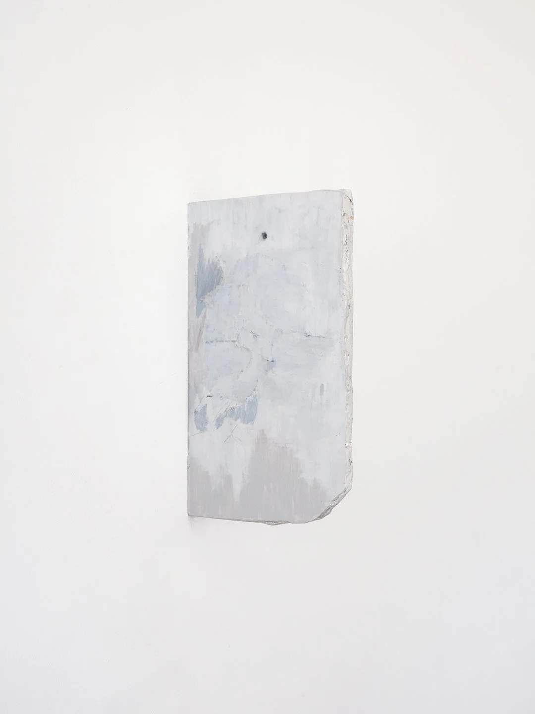 A vertical, rectangular, light-colored abstract painting on a white wall.