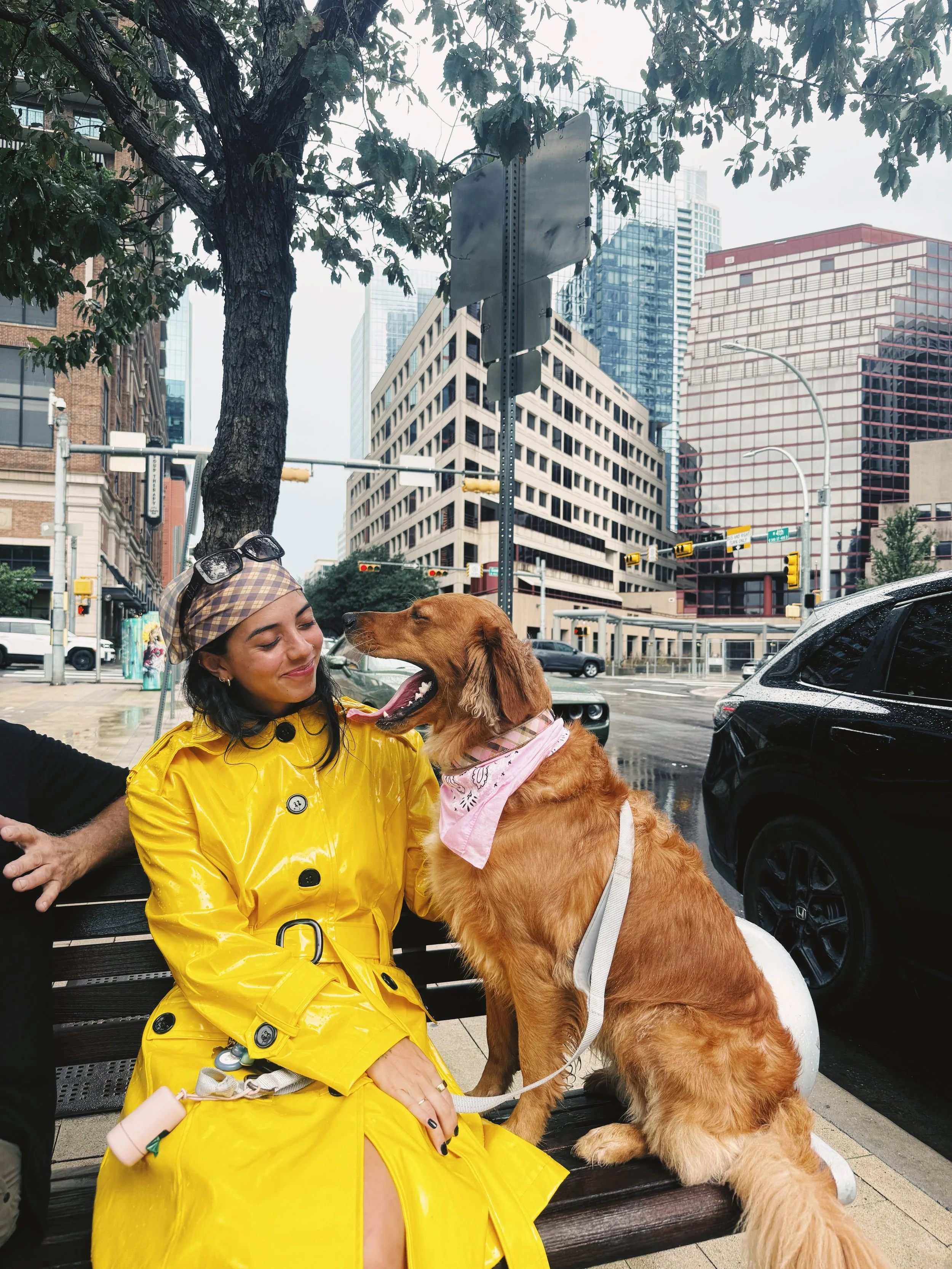 A woman in a yellow raincoat sitting on a park bench, smiling as her dog licks her face, in an urban setting with tall buildings and city traffic in the background.