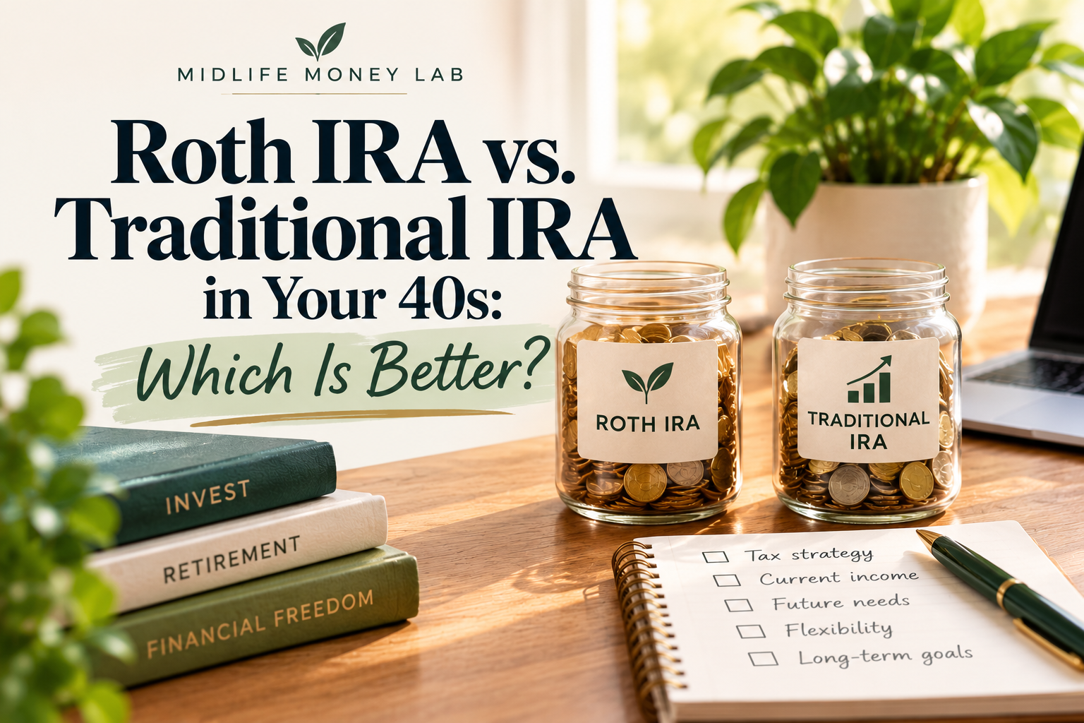 Midlife Money Lab graphic titled Roth IRA vs. Traditional IRA in Your 40s: Which Is Better?, with jars of coins and a notebook on a desk
