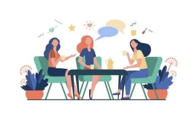 Three women sitting at a table, chatting and enjoying drinks with decorative plants and playful doodles around them.