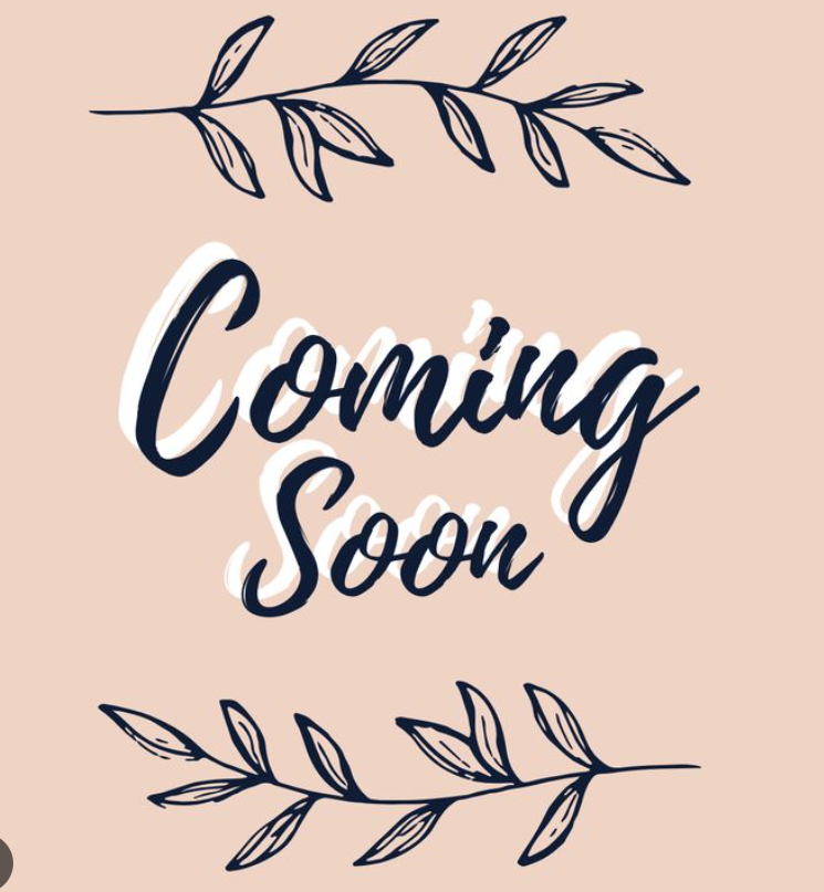 A beige background with black hand-drawn leaves at the top and bottom, and the words "Coming Soon" written in large, cursive black and white font in the center.