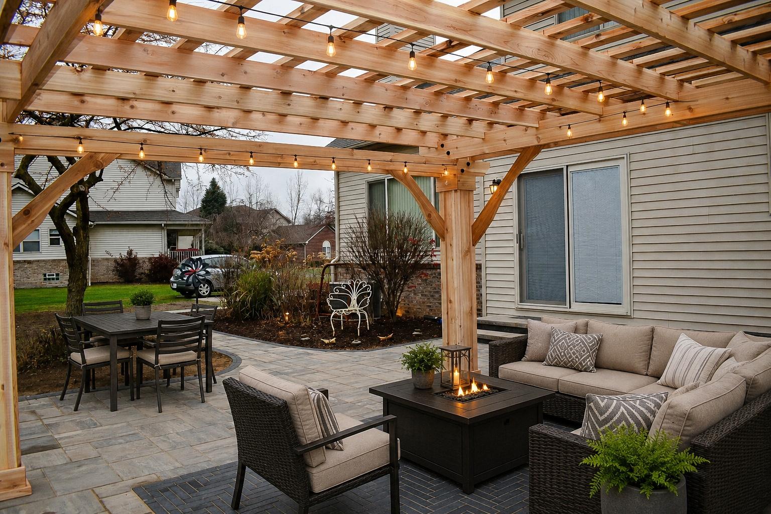 Paver walkway connecting backyard spaces in Trenton MI