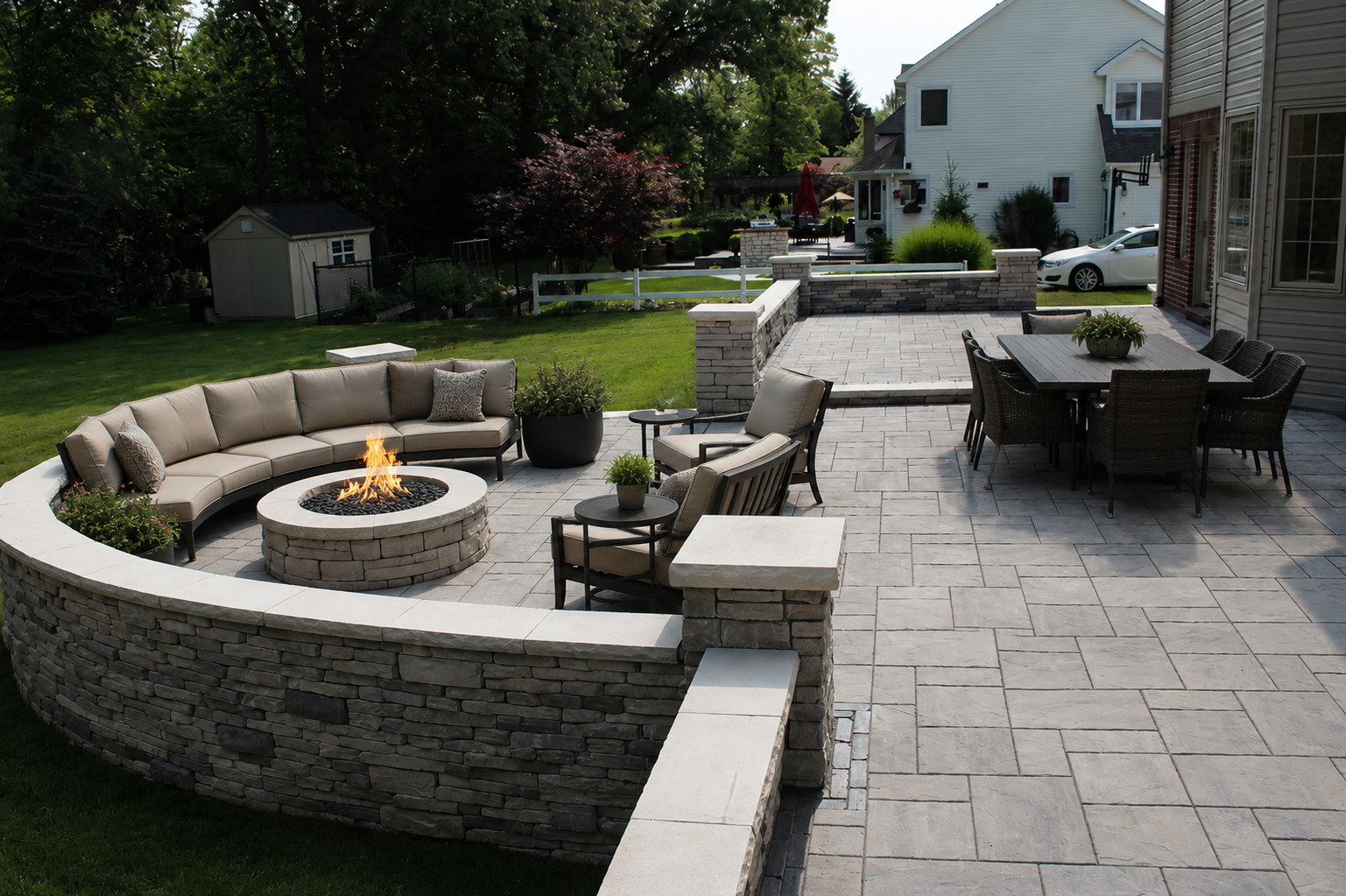 Backyard patio with a fire pit, outdoor seating, a dining table with chairs, and a grassy yard with trees and a shed in the background.