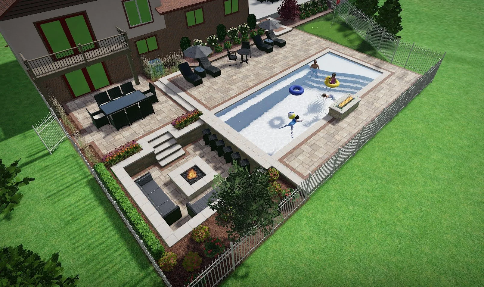 Fiberglass pool and water feature integrated into backyard design in Grosse Ile, MI