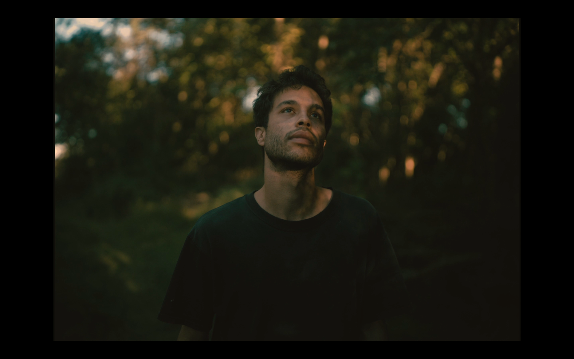 A young man with dark, curly hair and a beard, looking contemplatively upward, standing outdoors in a forested area during sunset, wearing a black t-shirt.