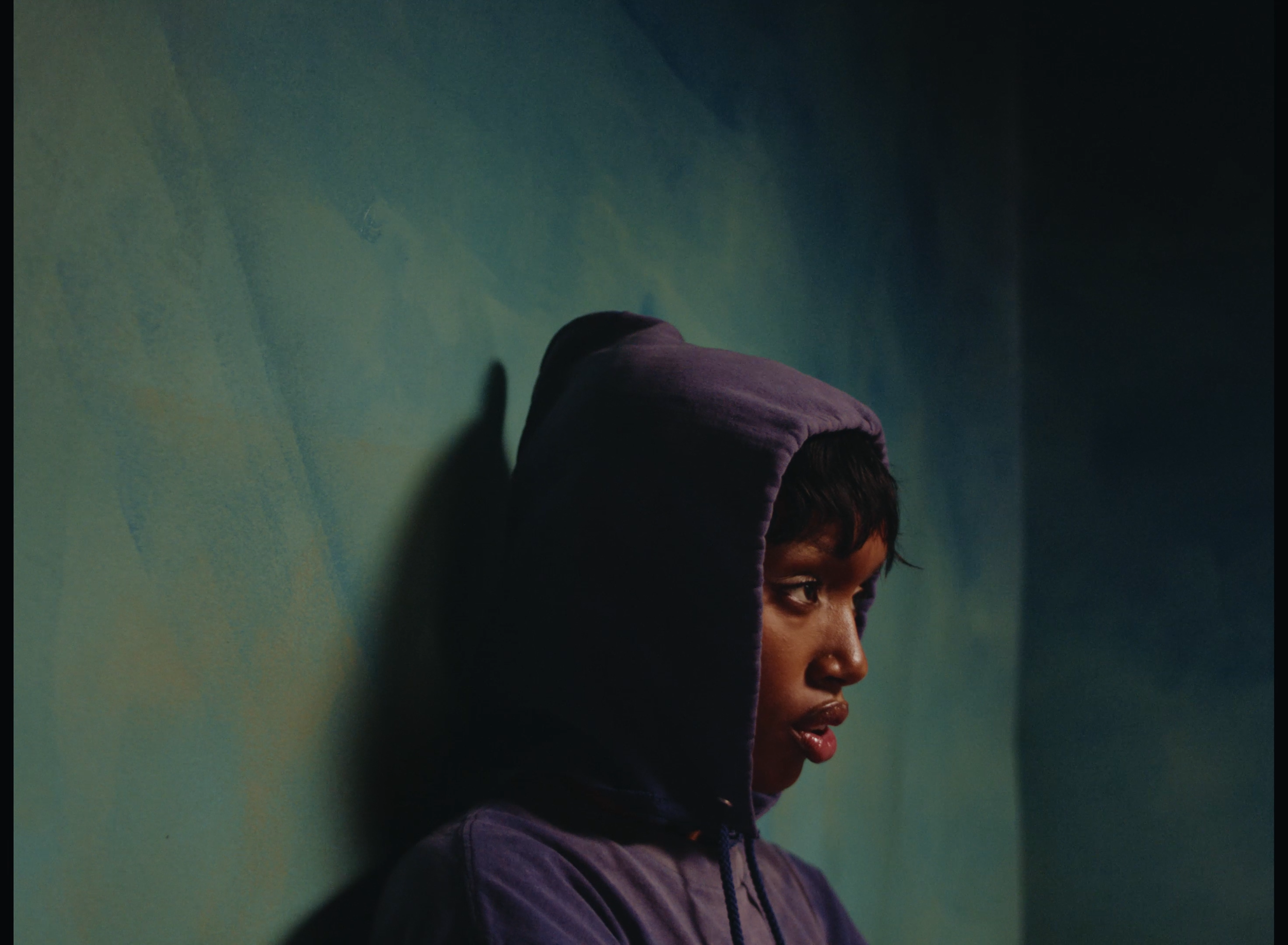 A young boy wearing a purple hoodie looking to the right, standing against a painted wall with shades of blue and green, with a shadow cast from his face.