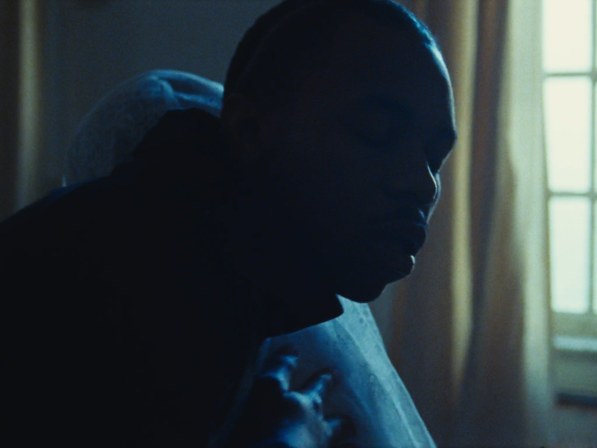 A silhouette of a woman with glasses in a dimly lit room, standing near a window with curtains.