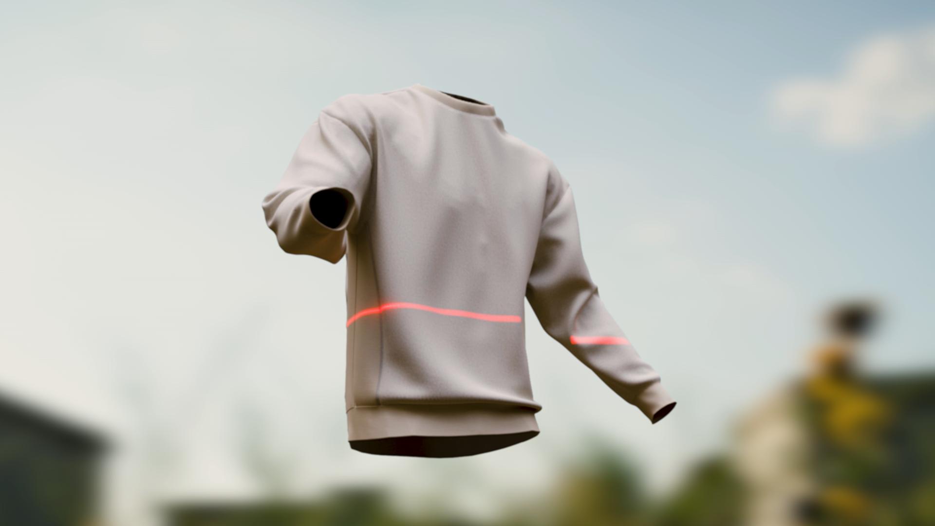 A close-up of a beige hoodie with red LED light accents, floating outdoors against a cloudy sky background.